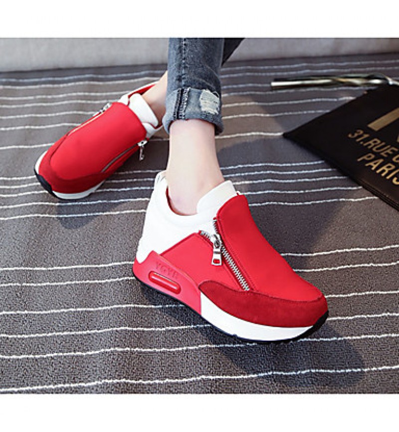 Women's Heels Winter Round Toe PU Casual Wedge Heel Zipper Black / Red Others